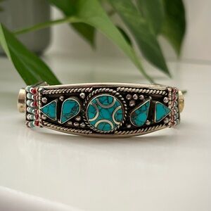 Sterling Silver Tibetan Turquoise Boho Tribal Bracelet, 7.5” Length